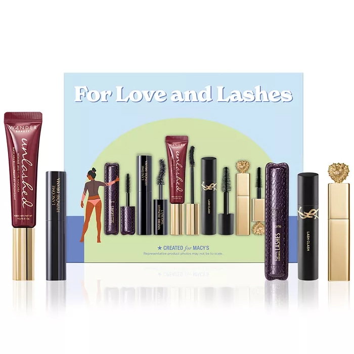 A mascara variety pack from Macy's titled \“For Love and Lashes\“ features brands like Wander Beauty Unlashed, Lancôme, Yves Saint Laurent, Tarte, and Lash Clash.