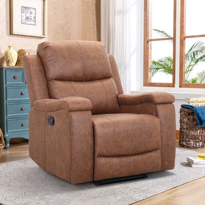 A brown recliner with plush cushioning features a side control panel and cup holders on its wide armrests.