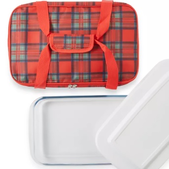 Red plaid insulated casserole carrier with two handles, accompanied by a glass baking dish with a white lid.