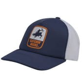 A navy and white trucker cap featuring a mesh back and a front patch with a silhouette of a rider lassoing a deer, accompanied by the text \“CATCHIN' DEERS.\“