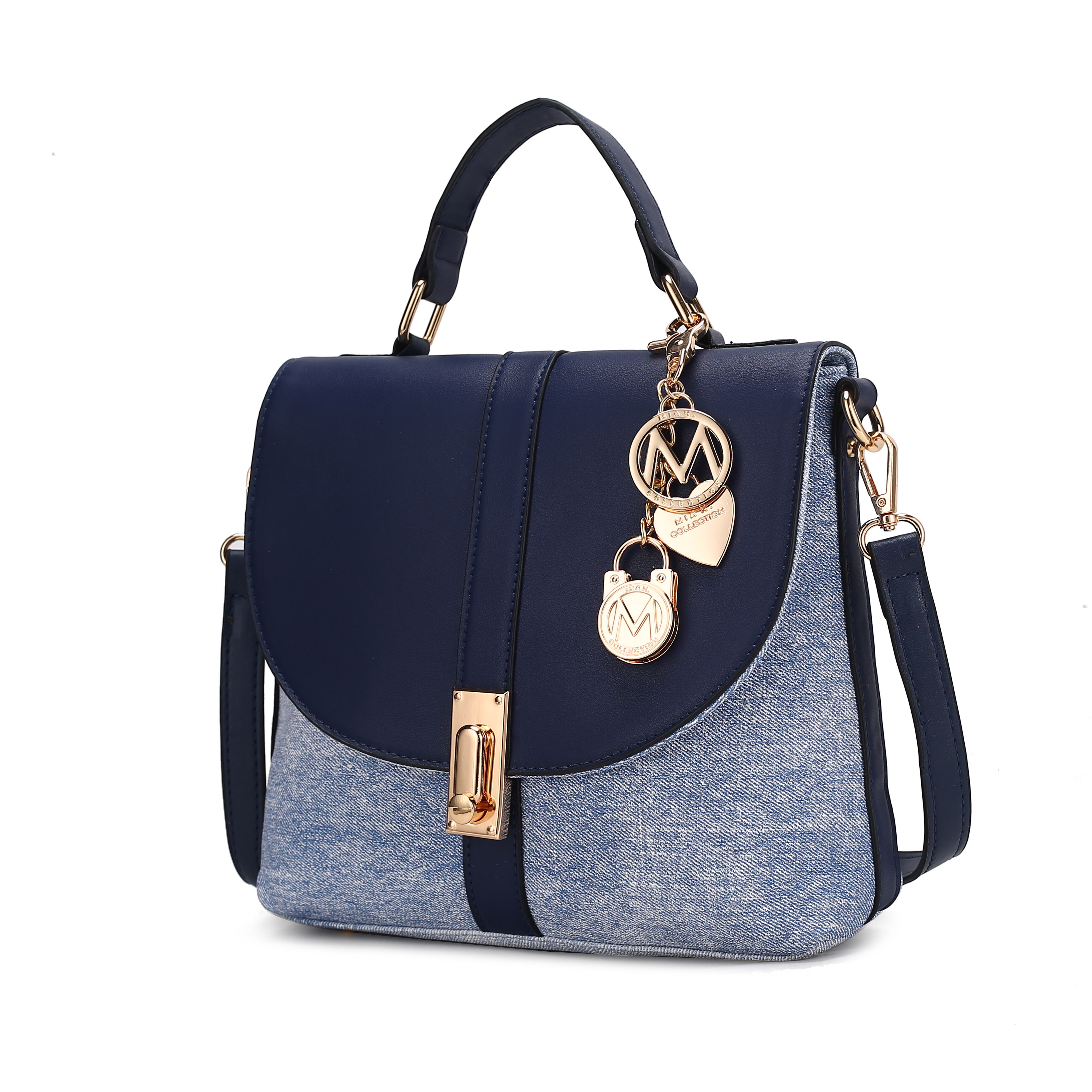 Navy blue and denim handbag with gold-tone hardware and detachable strap.