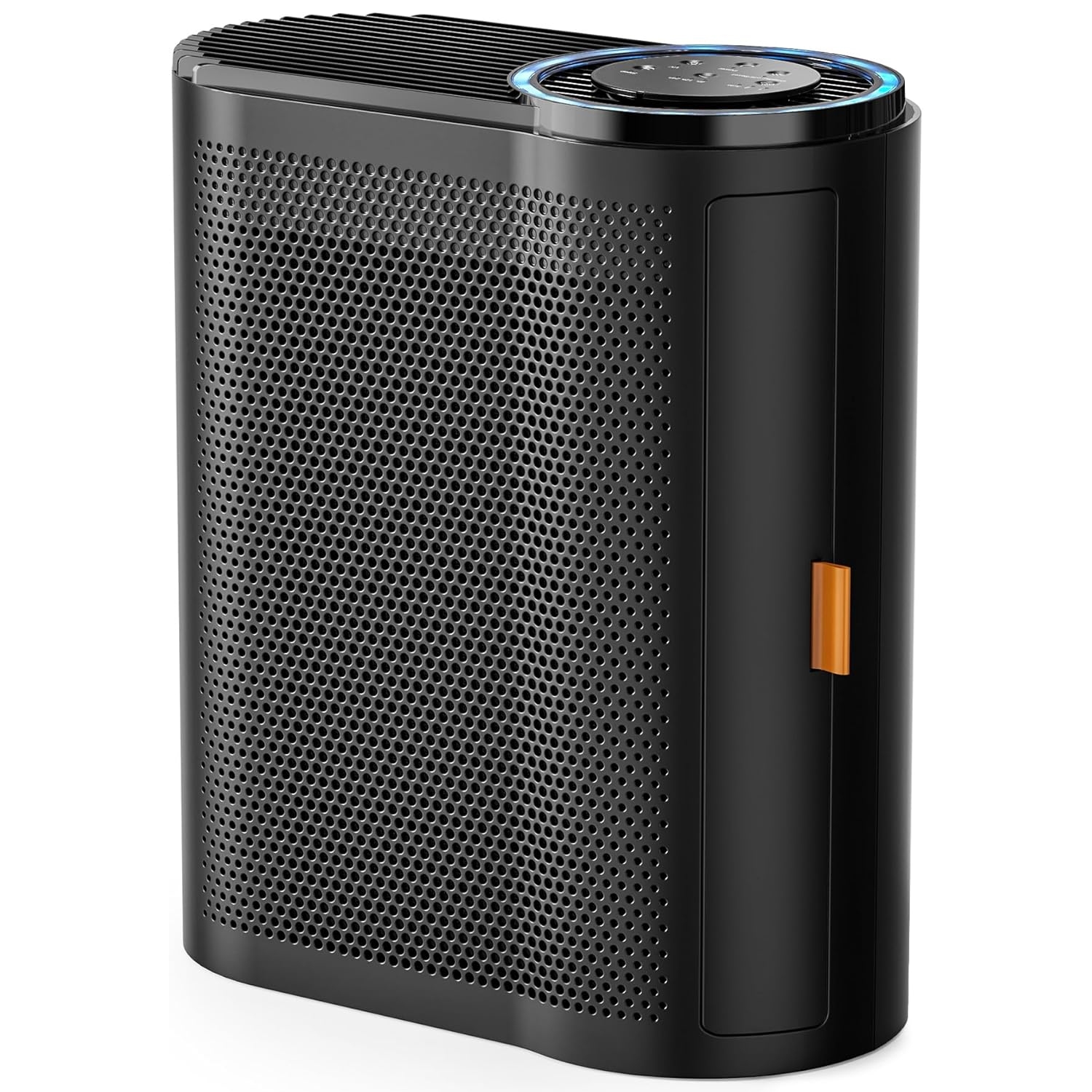 A black, rectangular air purifier with perforated sides and a colored indicator on the front. The top features a control panel with glowing elements.