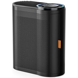 A black, rectangular air purifier with perforated sides and a colored indicator on the front. The top features a control panel with glowing elements.