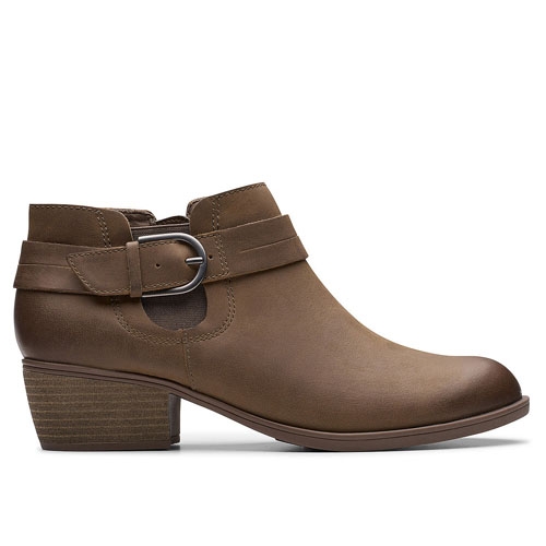 Brown Clarks stacked heel booties feature a side buckle detail, low block heel, and a smooth, sleek design suitable for casual or semi-formal wear.
