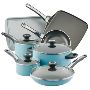 17pc Farberware Cookware Set includes a variety of pots and pans with glass lids, featuring non-stick surfaces and a turquoise exterior. The set also includes a baking sheet and a griddle, providing comprehensive cooking solutions.