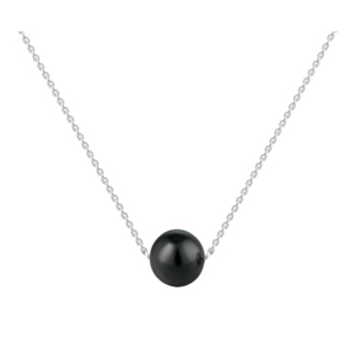 A delicate silver chain necklace featuring a single, round black lab-created pearl as a pendant.