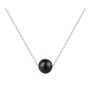 A delicate silver chain necklace featuring a single, round black lab-created pearl as a pendant.