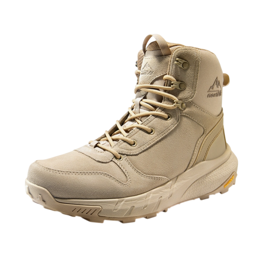 Light brown hiking boot with a rugged sole and high ankle support featuring a logo on the side.