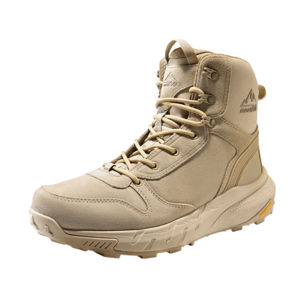 Light brown hiking boot with a rugged sole and high ankle support featuring a logo on the side.