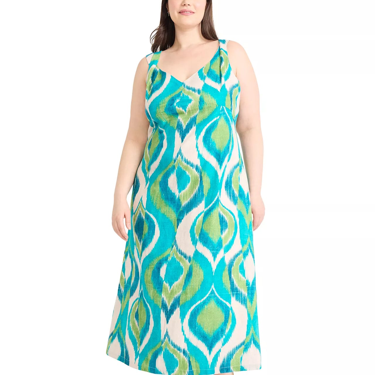 Sleeveless maxi dress with a vibrant blue, green, and white geometric pattern, featuring a V-neck and a relaxed fit.
