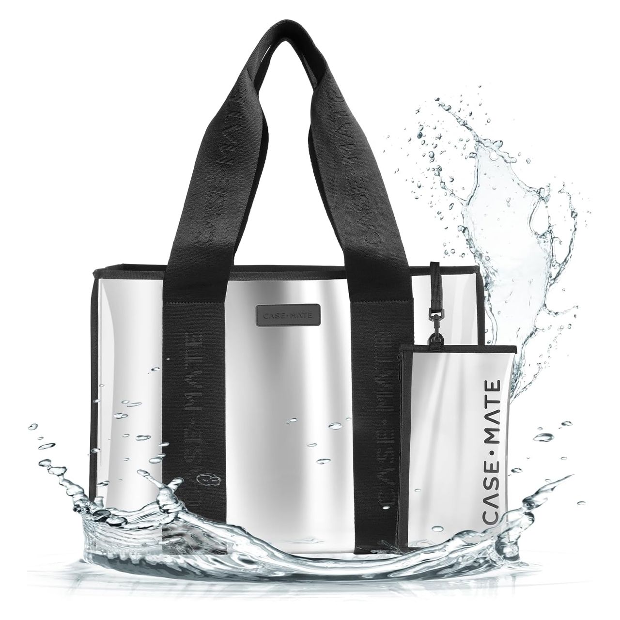 The Case-Mate Travel Tote is a waterproof bag with black handles and a sleek silver finish. It includes a detachable accessory pouch and features bold branding on both the bag and the pouch.
