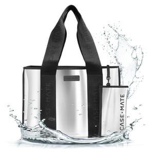 The Case-Mate Travel Tote is a waterproof bag with black handles and a sleek silver finish. It includes a detachable accessory pouch and features bold branding on both the bag and the pouch.
