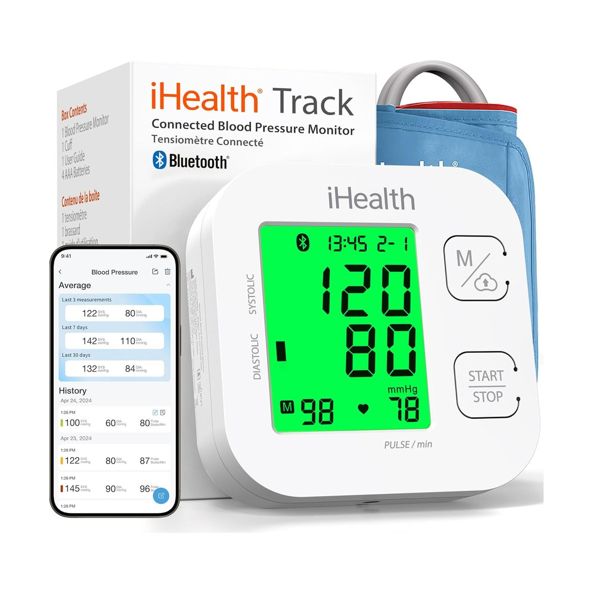 iHealth Track Bluetooth-Connected Blood Pressure Monitor with LCD display, includes cuff, and app for tracking readings.