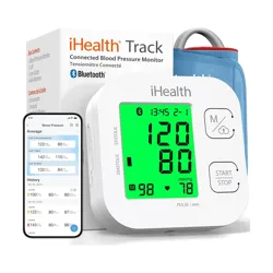 iHealth Track Bluetooth-Connected Blood Pressure Monitor with LCD display, includes cuff, and app for tracking readings.