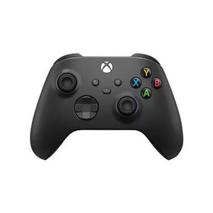 Black wireless controller with dual joysticks, a directional pad, four colored action buttons, two triggers, and two bumper buttons, bearing the Xbox logo.