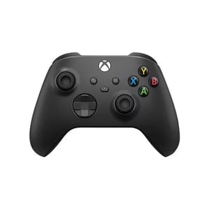 Black wireless controller with dual joysticks, a directional pad, four colored action buttons, two triggers, and two bumper buttons, bearing the Xbox logo.