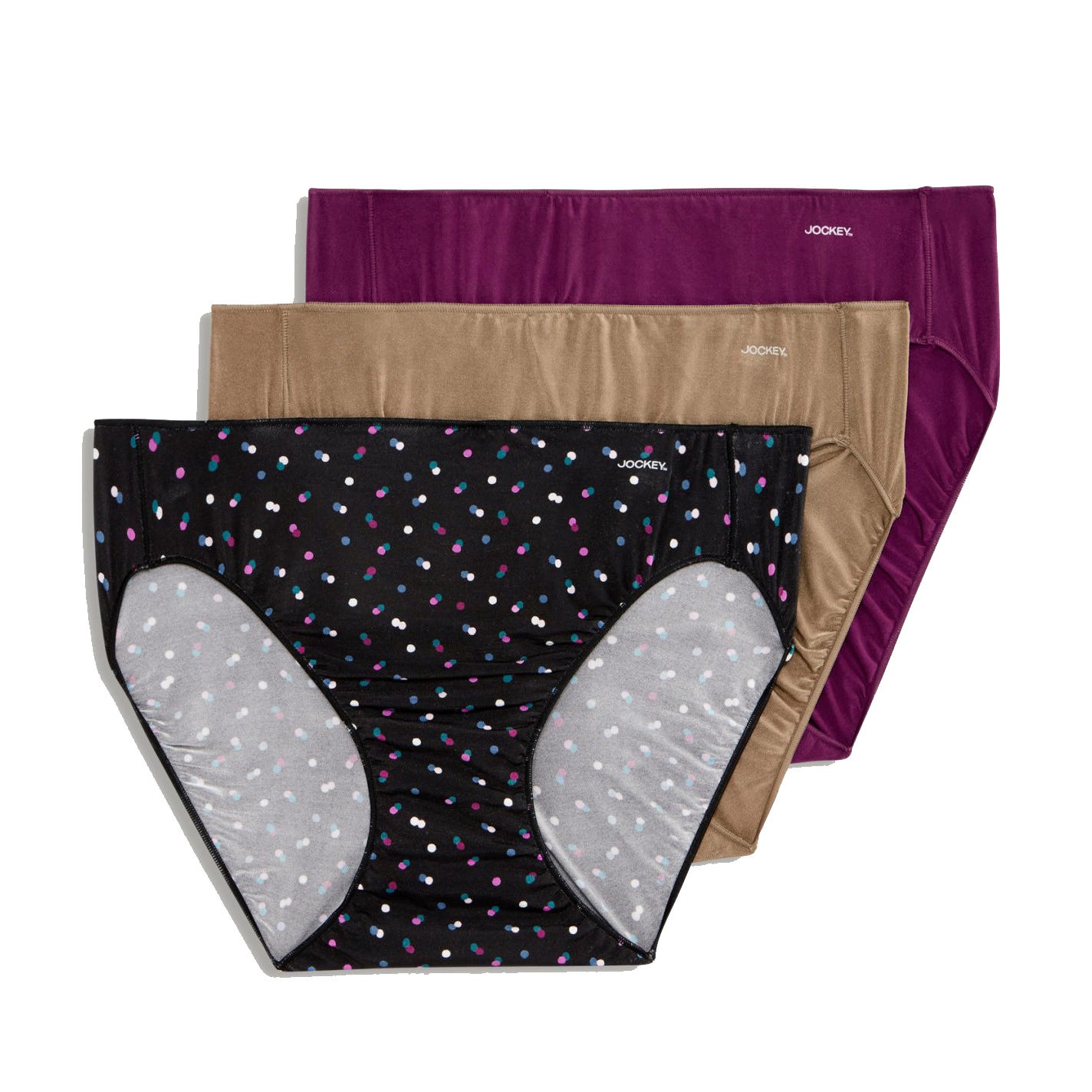 Three pairs of women's underwear are displayed in different colors: black with colorful dots, beige, and purple.
