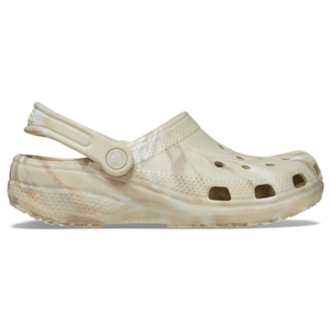 Crocs Marbled Clogs feature a beige and light brown marbled pattern, a perforated upper for breathability, and a convertible heel strap for a secure fit.