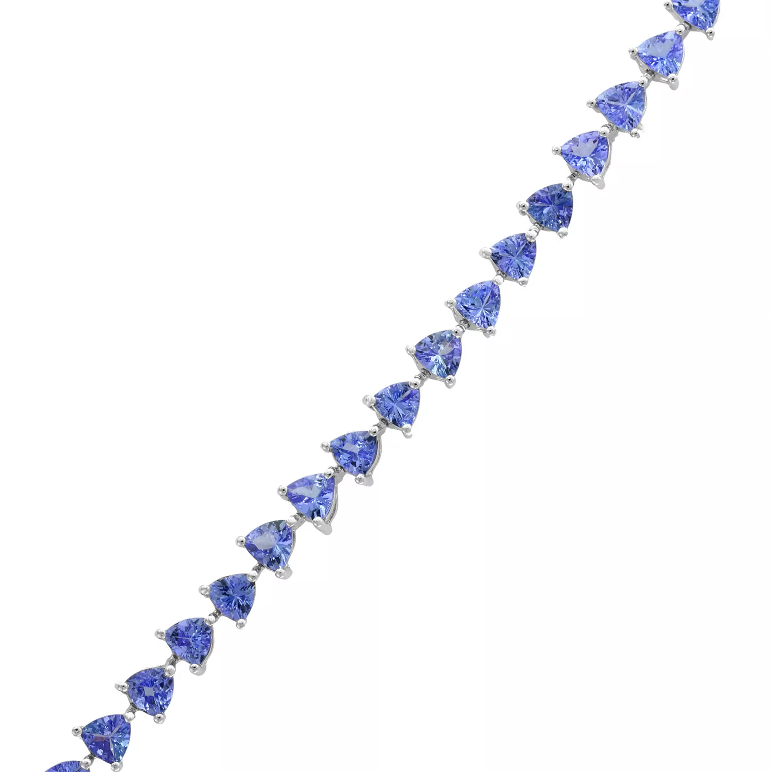 A bracelet featuring heart-shaped blue gemstones set in a silver-tone metal.