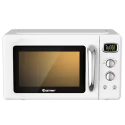 White microwave with digital display, two control knobs, and a chrome handle.