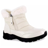 A white winter boot with a faux fur lining, side zipper, and black sole designed for cold weather.