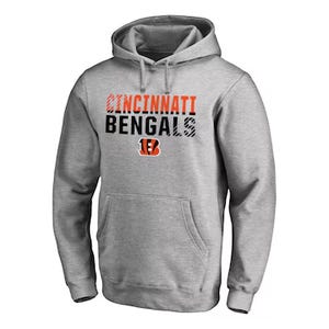 Gray hoodie featuring \“Cincinnati Bengals\“ text and logo on the front, with a drawstring hood and front pocket.