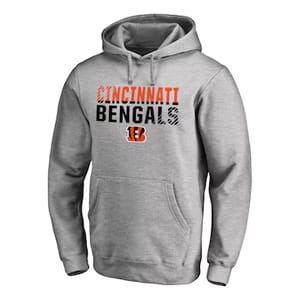 Gray hoodie featuring \“Cincinnati Bengals\“ text and logo on the front, with a drawstring hood and front pocket.