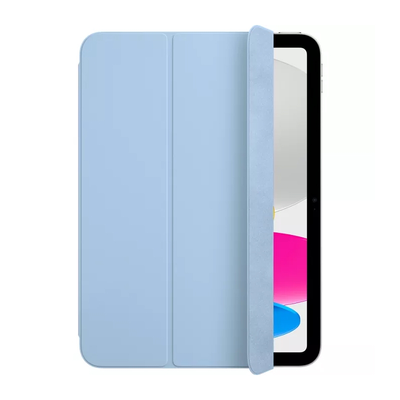 Light blue tablet case partially open to reveal the screen's edge, showcasing a simple and sleek design.