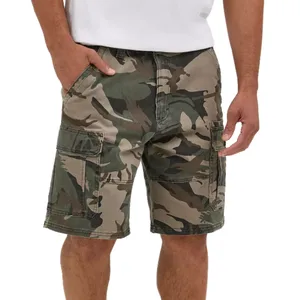 Camouflage cargo shorts with a classic green and brown pattern, featuring multiple pockets and a knee-length design.