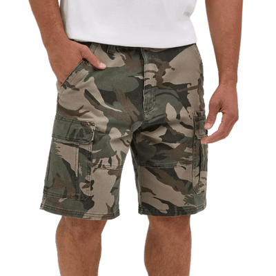 Camouflage cargo shorts with a classic green and brown pattern, featuring multiple pockets and a knee-length design.