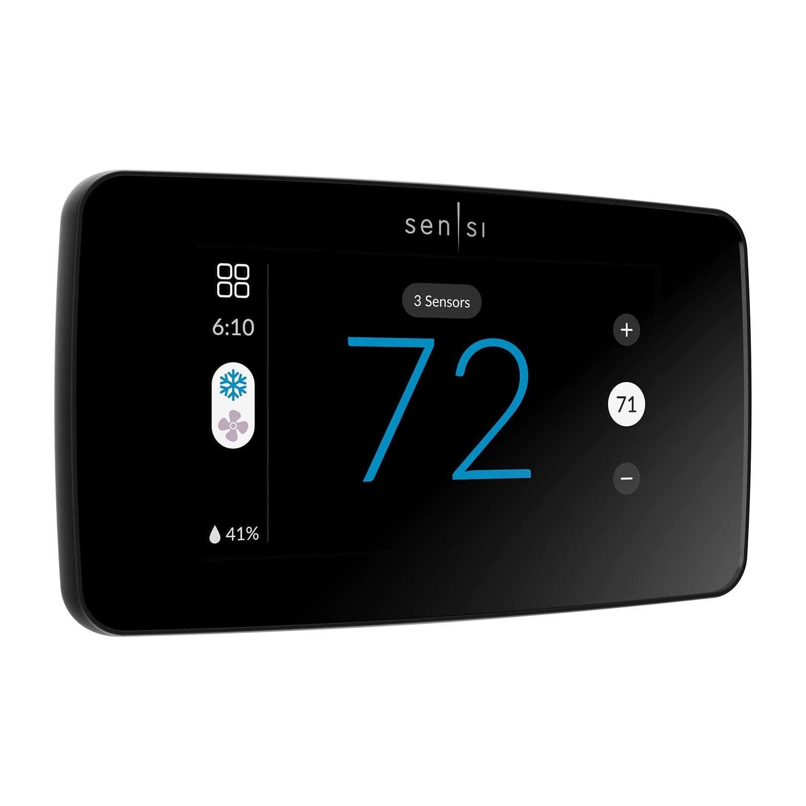 A Sensi smart thermostat with a sleek black design displays a temperature of 72°F, featuring controls for adjusting temperature and humidity at 41%.