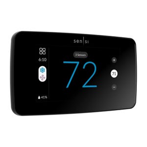 A Sensi smart thermostat with a sleek black design displays a temperature of 72°F, featuring controls for adjusting temperature and humidity at 41%.