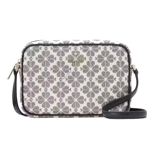 A patterned crossbody bag with a zip closure and an adjustable strap.