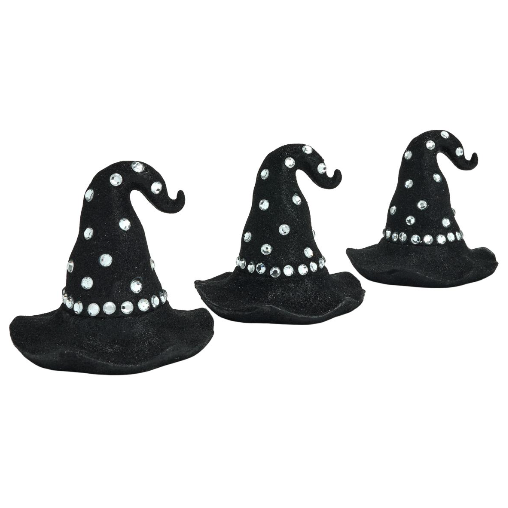 Three black witch hats are decorated with silver sequins, featuring a whimsical curled tip and a soft, wavy brim.