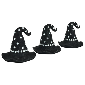 Three black witch hats are decorated with silver sequins, featuring a whimsical curled tip and a soft, wavy brim.