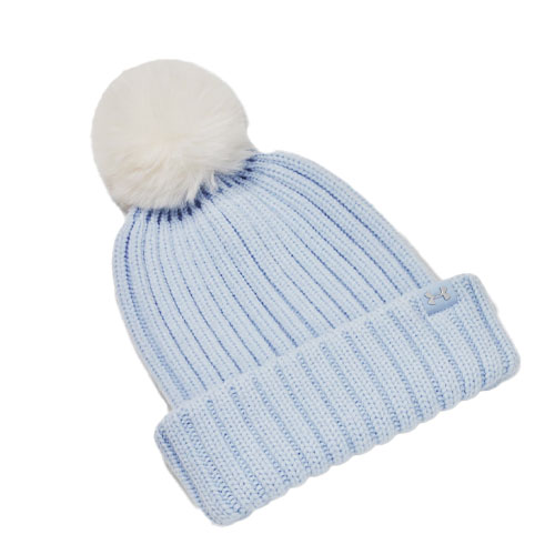 Light blue ribbed beanie with a fold-over cuff, featuring a fluffy white pom-pom on top and small logo detail.