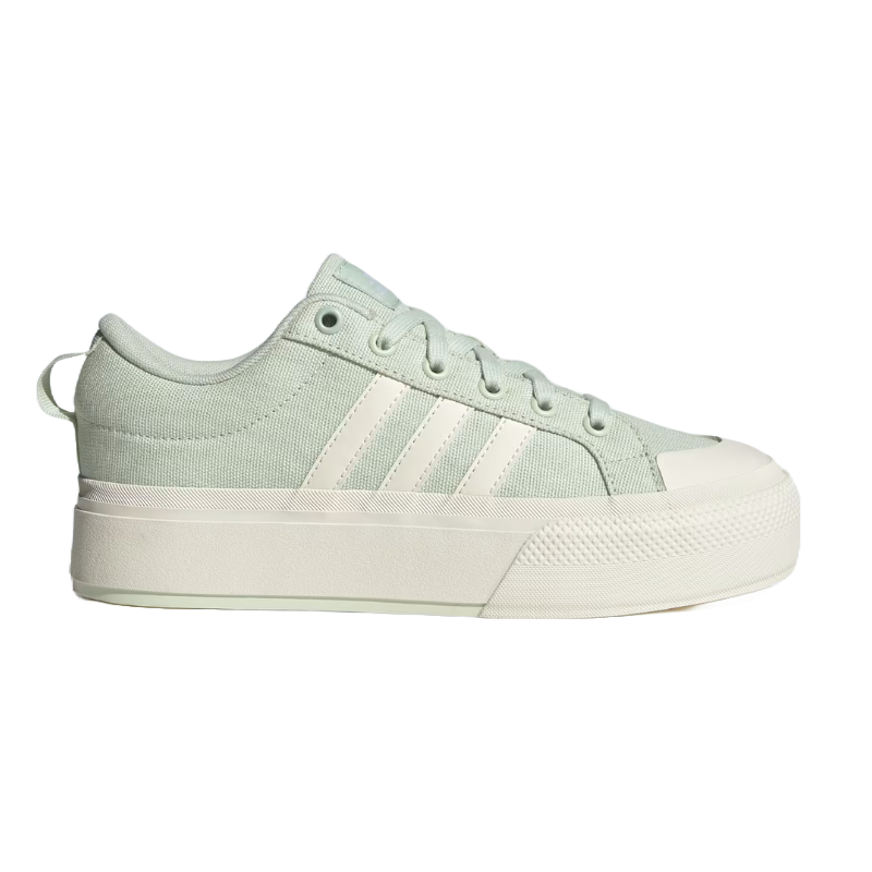 Adidas Bravada 2.0 Platform Shoes feature a mint green canvas upper with white accents, signature three-stripe detailing, and a thick white platform sole for added height and style.