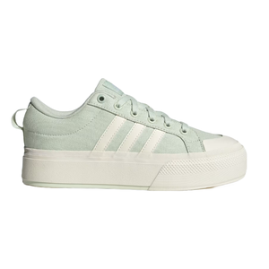 Adidas Bravada 2.0 Platform Shoes feature a mint green canvas upper with white accents, signature three-stripe detailing, and a thick white platform sole for added height and style.
