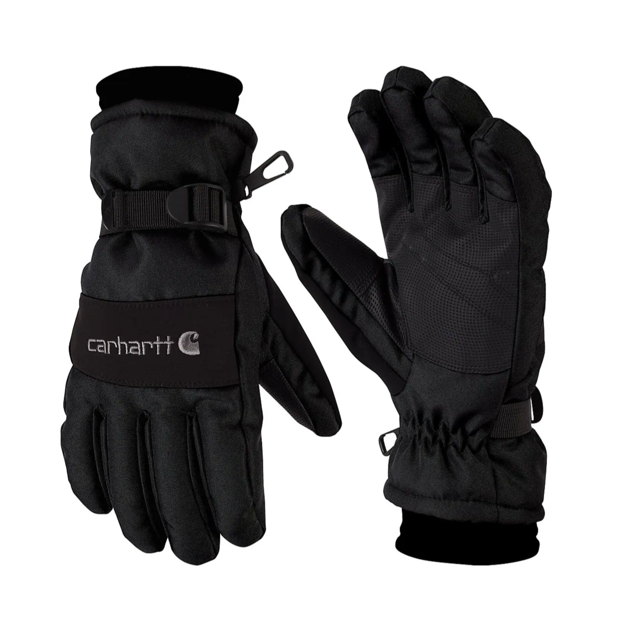 Black Carhartt winter gloves with adjustable wrist strap, made for cold weather protection and featuring a textured palm for grip.