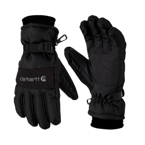 Black Carhartt winter gloves with adjustable wrist strap, made for cold weather protection and featuring a textured palm for grip.