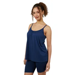 A person is wearing a navy blue spaghetti strap top paired with matching navy blue cycling shorts.