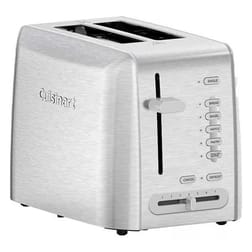 A stainless steel toaster with two slots, featuring options for single slice, bread, bagel, waffle, pastry, plus a defrost function. It includes a cancel button and a browning control slider with seven settings.