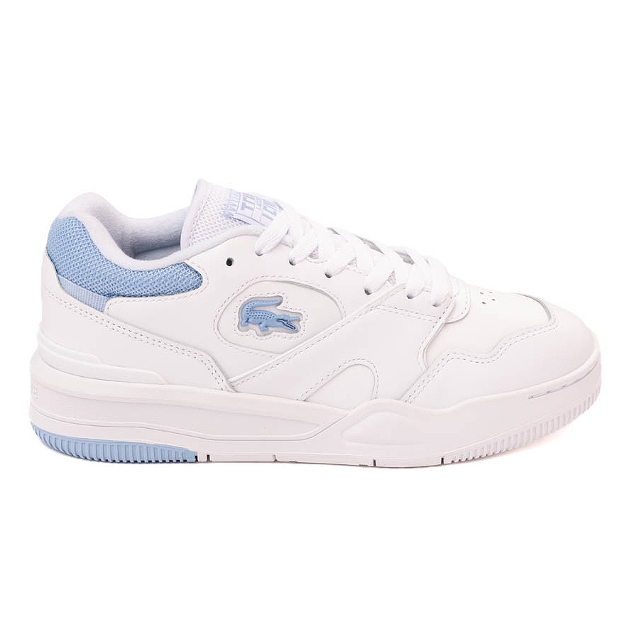 White and light blue women's sneaker with a low-top design, featuring the Lacoste logo on the side and a cushioned sole for comfort.