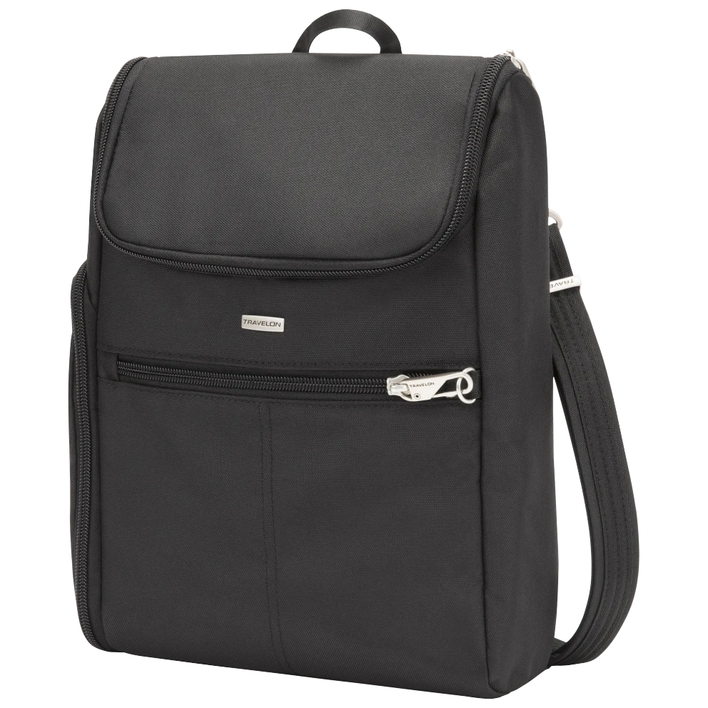 Black anti-theft backpack featuring a top handle, secure zippered compartments, and adjustable straps, designed for travel security.
