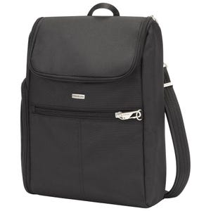 Black anti-theft backpack featuring a top handle, secure zippered compartments, and adjustable straps, designed for travel security.