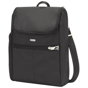 Black anti-theft backpack featuring a top handle, secure zippered compartments, and adjustable straps, designed for travel security.