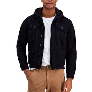 A man is wearing a black denim jacket with a hoodie over a white T-shirt, paired with brown cargo pants.