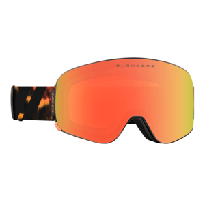 Goggles with a large, orange-tinted lens and a patterned strap featuring the Blenders brand name.