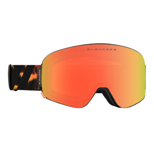 Goggles with a large, orange-tinted lens and a patterned strap featuring the Blenders brand name.