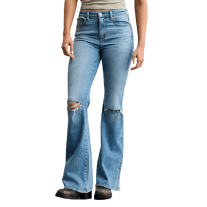 Light blue flared jeans with distressed details on the knees, paired with black shoes.